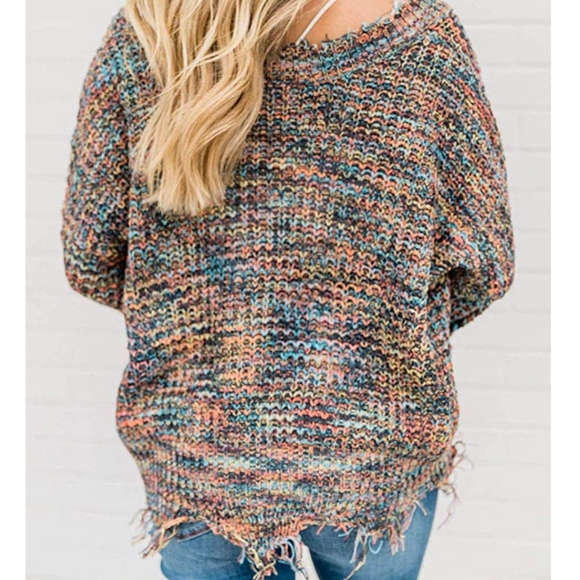 New Distressed fringe Off shoulder V neck sweater - Picture 2 of 6